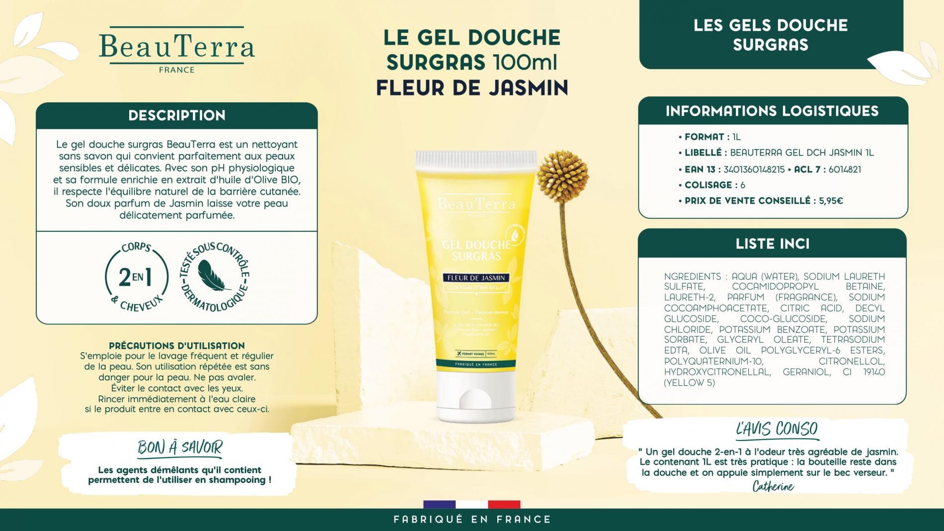 GEL DOUCHE SURGRAS CORPS ET CHEVEUX  FLEUR DE JASMIN FORMAT VOYAGE 100 ML